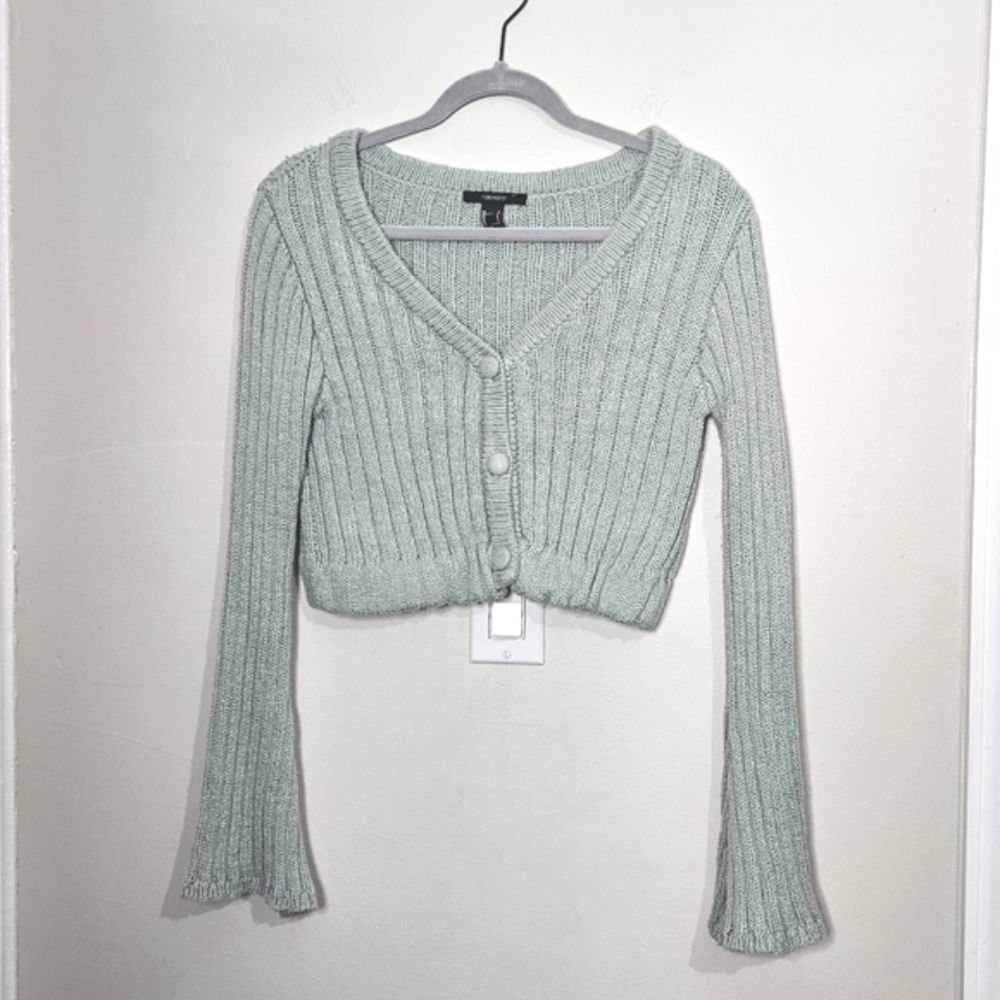 Forever 21 Boho Ribbed Knit Crop Cardigan Sweater Bell Sleeves Sage Green Small